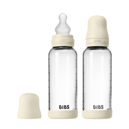 Baby Glass Bottle Set 240ml 2 Pack Silicone - Ivory - BIBS