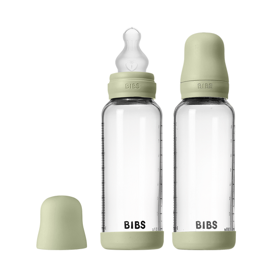 Baby Glass Bottle Set 240ml 2 Pack Silicone - Sage - BIBS